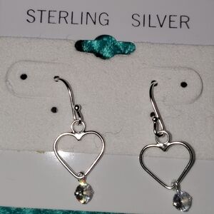 NWOT Sterling silver heart earings with dangling CZ.